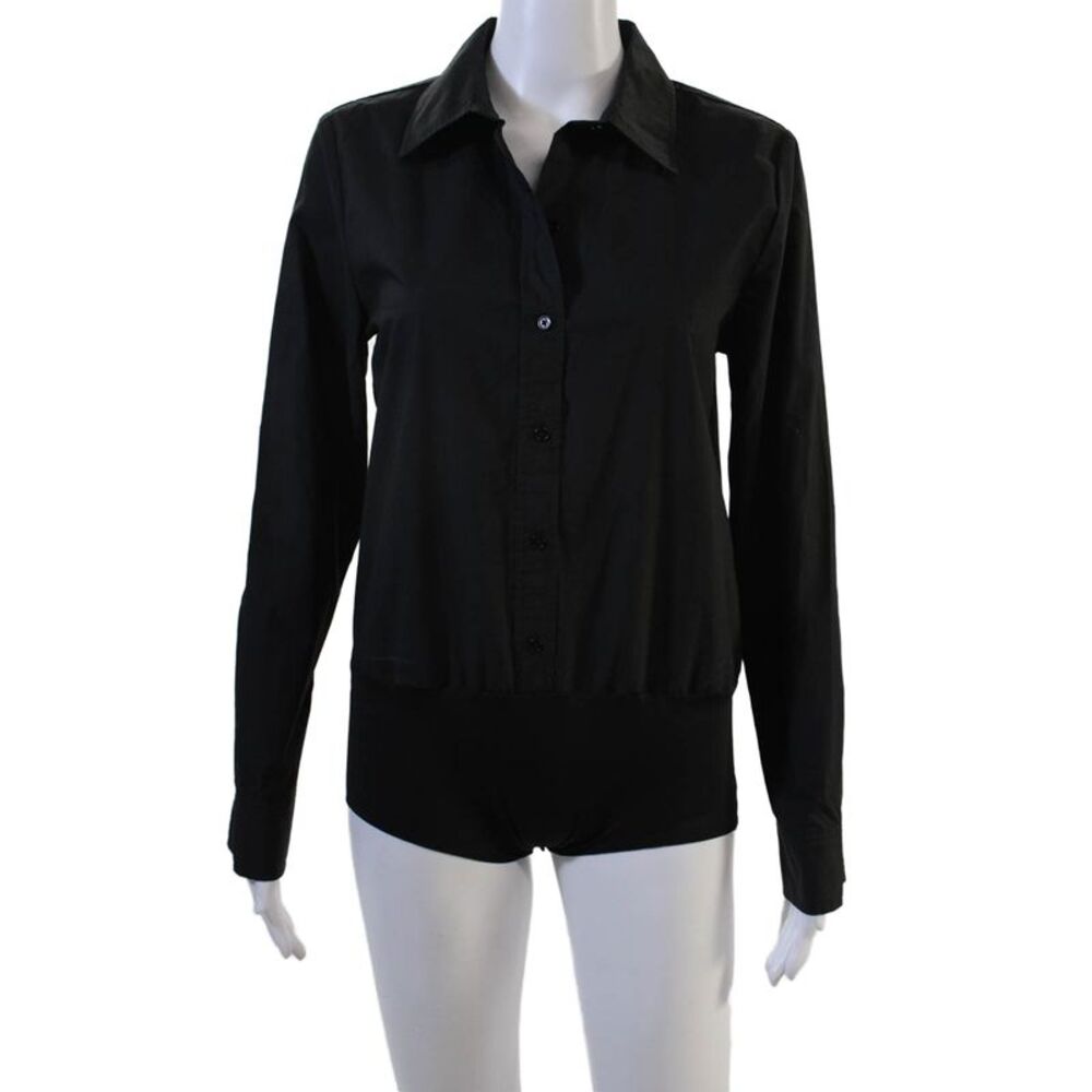 Sundays Womens Black Cotton Collared Solid Long Sleeve Bodysuit Size XS